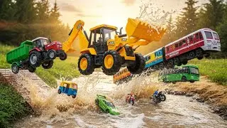 JCB 3DX, HMT Tractor & Train River Jump Challenge! 🌊 Car, Bus, Dumper Toy Adventure