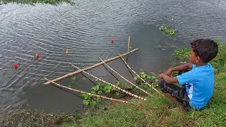 Little boy hunting big fish by rod ✅~ best hook fishing in the village canal | Amazing Hook Fishing