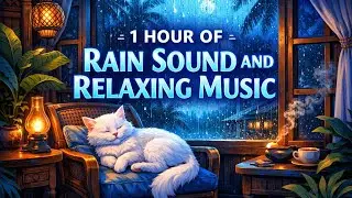 Rain sound with relaxing music and sleepy cat