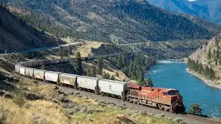 BIG CPKC Grain Train rounding the curve @ Drynoch, Thompson Canyon