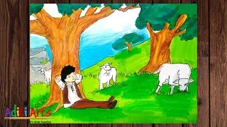 Shepherd Boy Drawing | Shepherd With Sheep Drawing | Aditi Arts