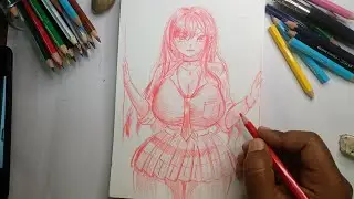 Draw Anime girl with colour pencil waifu sketch studio Anime Outline drawing tutorial antony drawing