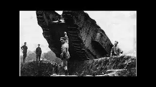 British tanks maneuvering trenches during the Battle of Cambrai, the first use of tanks in mass, ...