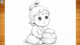 Baby Krishna Pencil Sketch | Makhan Chor Bal Krishna Drawing Step by Step | Easy Drawing Tutorial