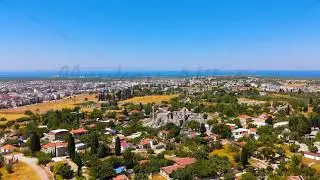 Dolly zoom. Didim, Turkey. Aerial view of Mediterranean landscape with ancient ruins, fields and ...