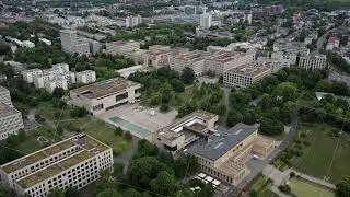 High angle view of modern architecture and green spaces of Goethe University campus in Westend