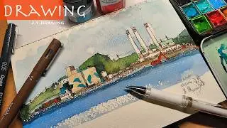 Easy Landscape Art Drawing with Simple Technical Pen and Watercolor Techniques | ASMR