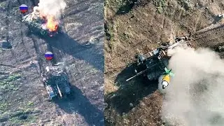 Drones and artillery turn a Russian armored convoy into metal scrap.