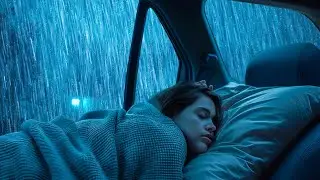 Goodbye Insomnia with Heavy Rain & Thunder Growls on a Cozy Car in Foggy Murky Forest at Night