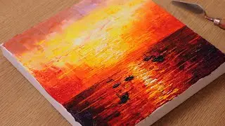 Fishing boats at sunset in the sea / Acrylic painting ideas / Easy Acrylic painting