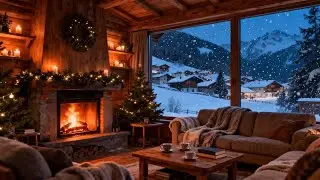 Cozy Christmas Fireplace Ambience | Warm Piano Music & Snowfall