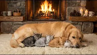 Cozy Pets by the Fireplace 🐶🐱 Sleeping Dog & Kittens | Warm Crackling Fire Sounds