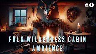Rustic Folk Wilderness Cabin w/Animal Mask Centerpiece, Fire & Thunderstorm Sound Effects Ambience