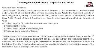 Union Legislature Parliament &ndash; Composition and Officers