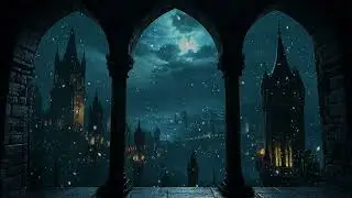 Hogwarts Snowy Night Ambience | Calm Winter Wind and Falling Snow at the Castle Window