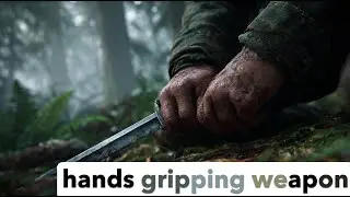 Silent hunter. Extreme close-up on hands gripping weapon, finger on trigger or arrow