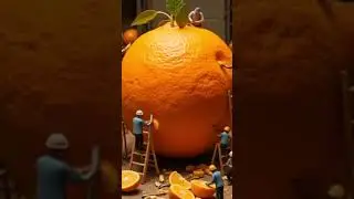 Tiny Workers Peeling a Giant Orange | AI Micro World Animation #orange #giant #miniatureworld