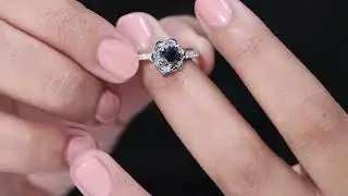 Natural Black Diamond and Moissanite Flower Motif Engagement Ring  | AAA Quality