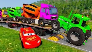 TRANSPORTING PIXAR CARS & FRUITS WITH COLORED & JOHN DEERE vs CLAAS vs TRACTORS - Beam NG drive #79
