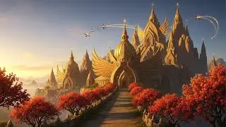 Explore Dawn Phoenix Sanctuaries: Golden Sunrise Halls with Flowering Flame Trees | 4K Majesty