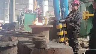 Drill a hole for this oversized cylindrical iron column, dangerous forging!