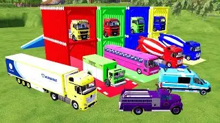 TRANSPORTING COLORFUL CONTAINER, MIXER TRUCK, KARA TRUCK, MERCY POLICE CARS, AMBULACE, FS22