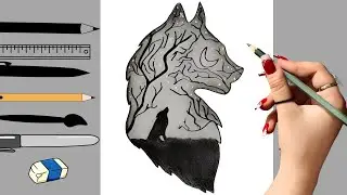 How to draw moonlight wolf landscape step by step |   Black pen drawing &rarr; How to draw a wolf