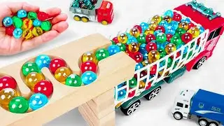 Marble Run Race ☆ HABA Slope & Retro Makita Truck, Excavator, Garbage Truck, Dump Truck, Ambulance