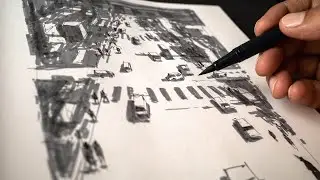 This Gray Brush Pen is Crazy Good / A very complicated street scene with Fountain pen and Brush pen