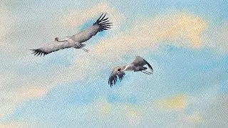 ПРОСТАЯ атмосферная акварель ЛЕТНЕЕ НЕБО, журавли. Красивый урок по акварельной живописи.