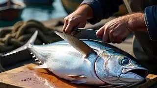 Process cutting & fillet yellowfin Tuna fresh use knife sharp,