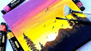 Acrylic painting for beginners | Sunset mountains and Pine trees |  Art challenge # 90
