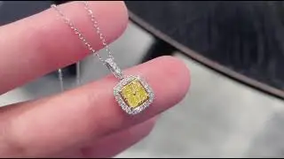 Fancy Yellow Diamond Necklace Cushion Shape Gemstone 0.37 Cts with 0.18 Cts Diamonds