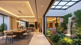 Elegant Comfort: Seamless Tropical Dining with Skylight & Indoor Garden