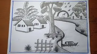 How to draw sunset scenery with pencil shading/Village drawing easy and beautiful pencil shading