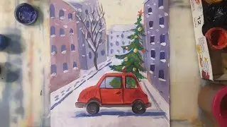 Рисуем новогодний сюжет гуашью. Новогодняя елка из леса
