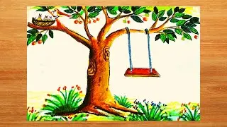 Draw a Tree Showing Leaves, Branches, Fruits, Birds, Nest and  a Swing ll