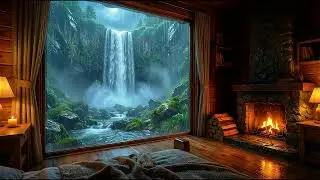 Relaxing  Waterfall Cabin Rain & Fire Sounds  for Insomnia Relief