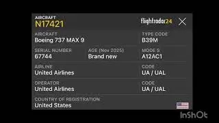 United airlines Boeing 737 max 9 age November 2025 brand new 