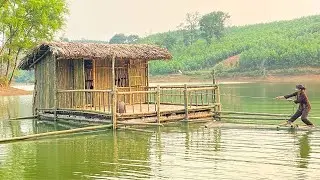 Build a Bamboo Floating House on The Lake Ep2. Alone life in the lakeside forest. Aqua Farm building
