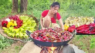 Yummy! Fresh chili mixed cooking, Eating delicious - Survival cooking in forest