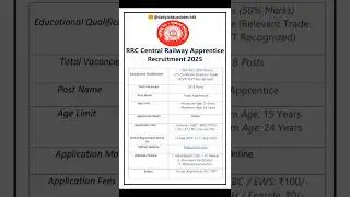 RRC Central Railway Apprentice Recruitment 2025 | New vacancy 2025| dailyJobs updates#shorts #jobs