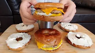 CREAM CHEESE BAGELS, SAUSAGE EGG CHEESE AND COFFEE ASMR BREAKFAST MUKBANG