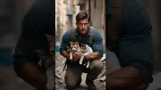 Compassionate rescuer finds wounded mother cat and kittens amidst airstrike rubble! #shorts #pets