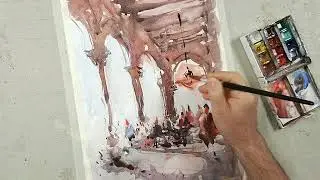 Urban Watercolor Painting of Bologna Porticoes.