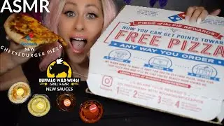 ASMR/Mukbang - Trying Dominos *NEW* Cheeseburger Pizza & Buffalo Wild Wings 4 *NEW* Sauces  먹방