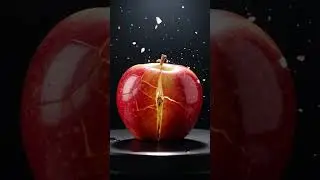 Crystal apple precisely separates, revealing glowing fibrous core and floating micro-shards.