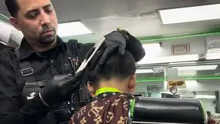 Haciendo un  tape  y  bajando el volumen del pelo con tijera entresaque 