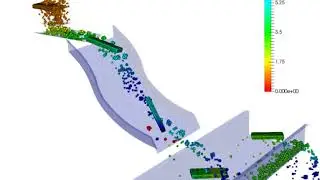 Discrete Element Method (DEM) simulation with particle cluster, dry material.