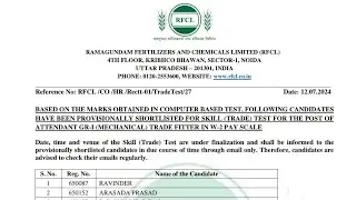Ramagundam fertilizers and chemicals limited Result,DV ,Trade test of rfcl, ramagundam fertilizers